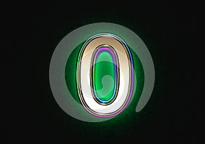 Grey brassy with colorful dichroic glass outline and green backlight font - number 0 isolated on dark, 3D illustration of symbols