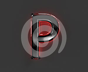 Grey brassy font with red polished reflective outline - letter P isolated on grey background, 3D illustration of symbols