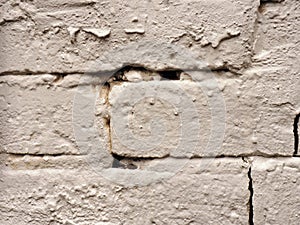 Grey brick wall with peeling paint background texture