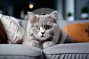 Grey British shorthair cat lies on the couch at home