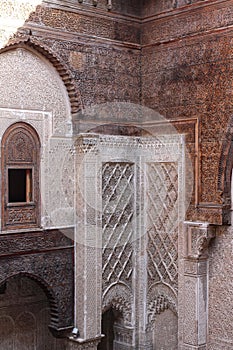Grey-brown carved wall of the ancient mosque-al - Karaouin University in Fes, Morocco