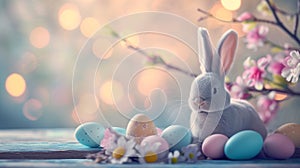 grey Bunny With Easter Eggs and flowers