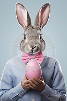 Grey bunny with human body in blue shirt and pink bow tie holding big pink Easter egg.