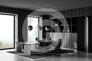 Grey business interior with board and window, shelf and decoration