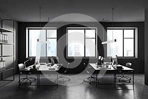 Grey business office room interior with pc computer and shelf, panoramic window