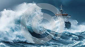 A grey cargo ship battles against towering waves and strong winds highlighting the importance of insurance coverage for photo