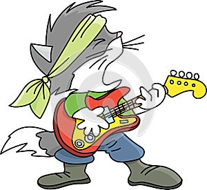 Grey cartoon cat playing electronic guitar and singing rock and roll vector