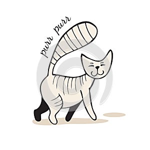 Grey cartoon tabby cat walks and purrs. Vector illustration.