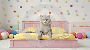 Grey Cat On Colorful Bed With Balloons
