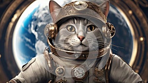 grey cat with eyes a steampunk, Cat astronaut in space on background of the globe