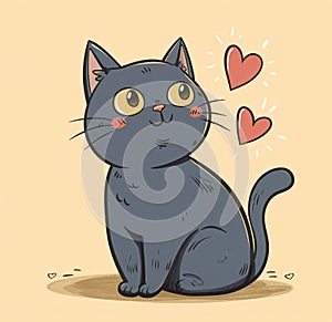 Grey cat and heartfelt sticker, in the style of simple line drawings