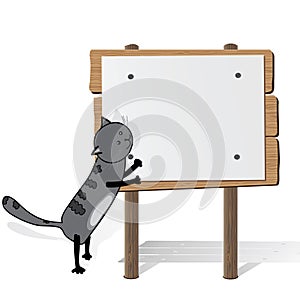 Grey cat holding blank billboard