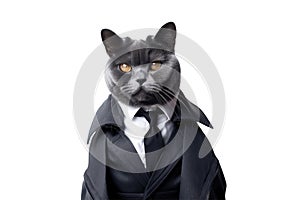 Grey Cat In A Mans Black Business Suit On Isolated Transparent Background, Png. Generative AI