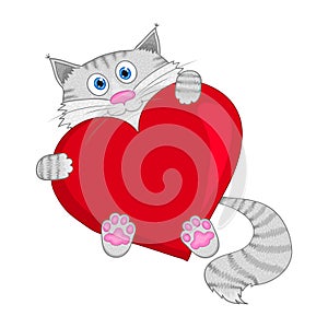 Grey cat with red heart - vector illustration.