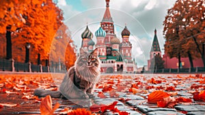 Grey cat sitting on cobblestone pavement with St. Basil's Cathedral in Moscow. Cat Day in Russia.
