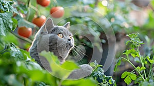 Grey Cat in Tomato Plants