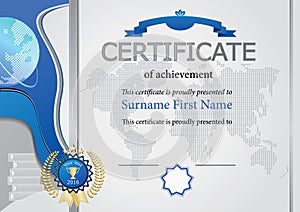 Grey certificate. Blue elements, map and globe.