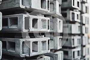 Grey cinder blocks stacked for construction site use