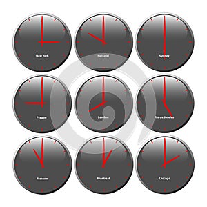 Grey clocks with glossy area showing world time, the red pointer