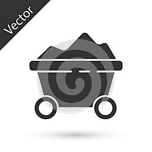 Grey Coal mine trolley icon isolated on white background. Factory coal mine trolley. Vector Illustration