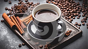 a grey coffee cup with black coffee on a marble table with coffee beans