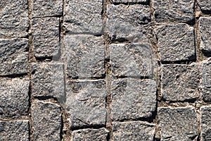 Grey color cobblestone pavement texture closeup shot, view from above