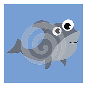 Grey-colored cartoon shark over blue background with bulging eyes vector or color illustration