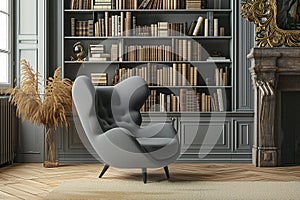 A grey comfortable armchair next to a shelf full of books, in the style of luxurious, sober tones, gray and brown and with a
