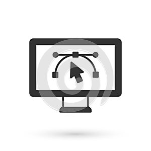 Grey Computer display with vector design program icon isolated on isolated on white background. Photo editor software