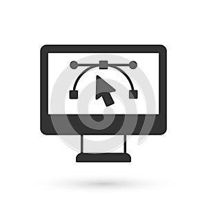 Grey Computer display with vector design program icon isolated on isolated on white background. Photo editor software