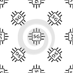 Grey Computer processor 5G with microcircuits CPU icon isolated seamless pattern on white background. Chip or cpu with