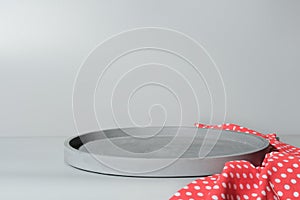 grey concrete tray made of cement as stand under plate. empty scene for food placement. mock up for food setting. red photo