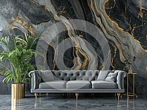 grey couch and plant in front of an abstract wall