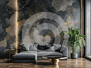 grey couch and plant in front of an abstract wall