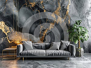 grey couch and plant in front of an abstract wall