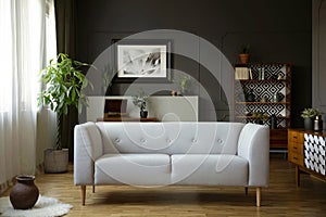 Grey couch in vintage living room interior with wooden cupboard, poster and plant. Real photo