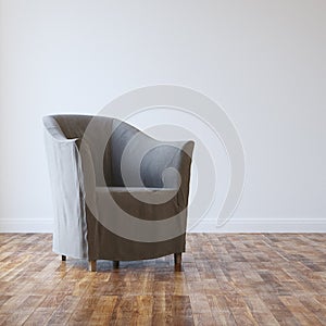 Grey Cozy Armchair In Empty Room Interior With Parquet