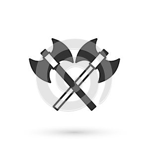 Grey Crossed medieval axes icon isolated on white background. Battle axe, executioner axe. Medieval weapon. Vector