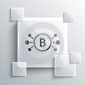 Grey Cryptocurrency bitcoin in circle with microchip circuit icon isolated on grey background. Blockchain technology