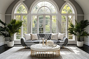 Grey curved tufted sofa in luxury room with arched windows. Hollywood glam home interior design of modern living room.