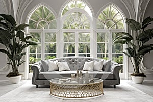 Grey curved tufted sofa in luxury room with arched windows. Hollywood glam home interior design of modern living room.