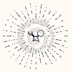 Grey Debugging icon isolated on beige background. Debugging tool. Magnifying glass on bug programming. Testing and