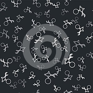 Grey Debugging icon isolated seamless pattern on black background. Debugging tool. Magnifying glass on bug programming
