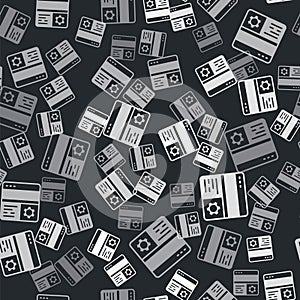 Grey Debugging icon isolated seamless pattern on black background. Debugging tool. Magnifying glass on bug programming