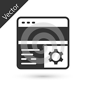 Grey Debugging icon isolated on white background. Debugging tool. Magnifying glass on bug programming. Testing and