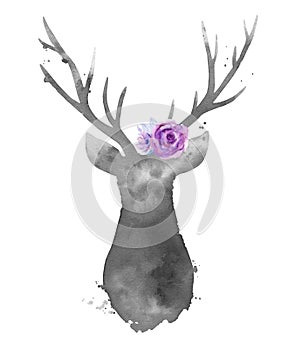 Grey deer silhouette with flowers on the head. Watercolour illustration isolated on white background.