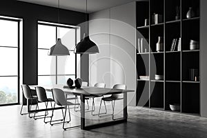 Grey dining room interior with chairs and window, shelf with decoration