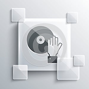 Grey DJ playing music icon isolated on grey background. Square glass panels. Vector