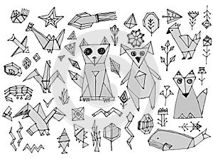 Grey Dog cat fox fish birds sea animals and plants, Black outline isolated on white background, doodle decorative contemporary ele