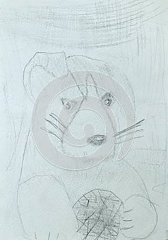 Grey dog. Puppy. Childrens drawing. Pencil picture